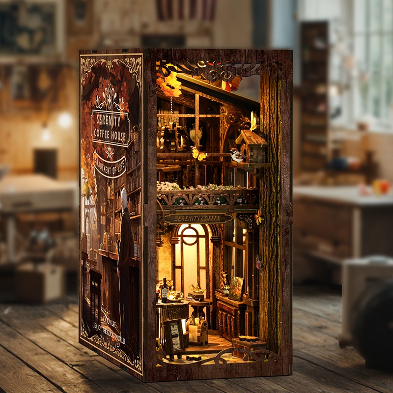 Bookshelf Cafe Book Nook mit Serenity Coffee House, gemütlicher Miniatur-Kaffeestube, Balkon, Regalen und warmem LED-Licht