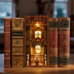 Bibliothek Book Nook zwischen Büchern platziert mit antikem Stil und gemütlicher Beleuchtung