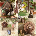 Detailaufnahme des Wald Book Nook mit Feen, Schmetterlingen, Blumen, Holzdetails und fantasievoller Gestaltung