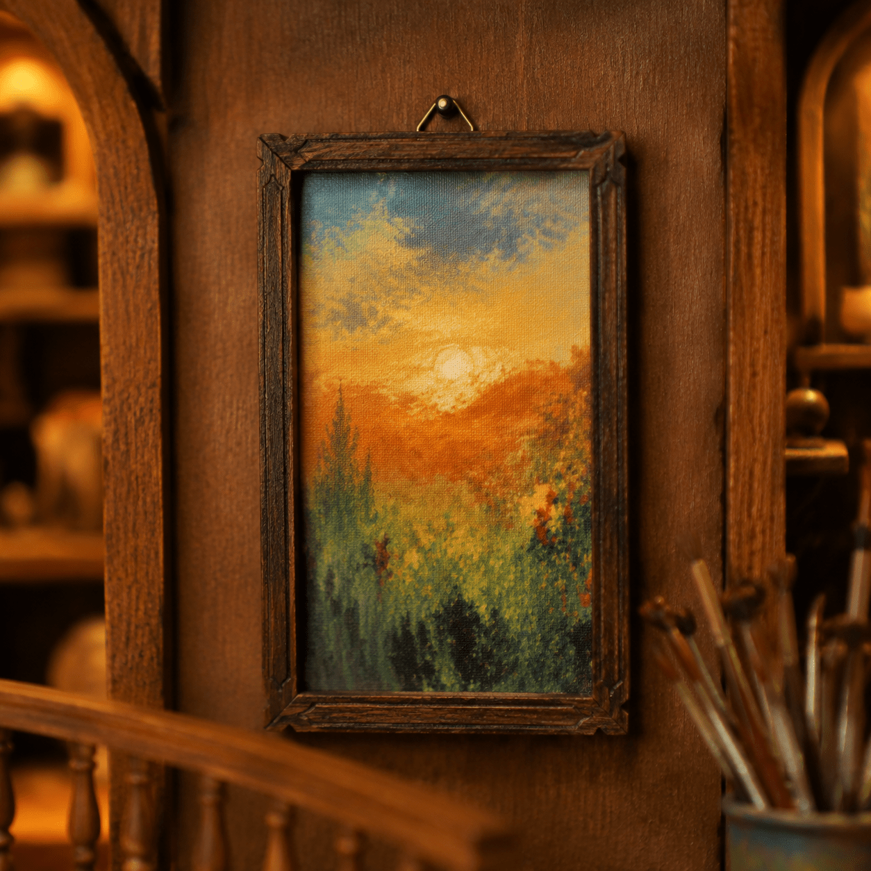 Art Gallery Book Nook Miniatur mit gerahmtem Landschaftsgemälde an der Wand und warmen Galerie-Details