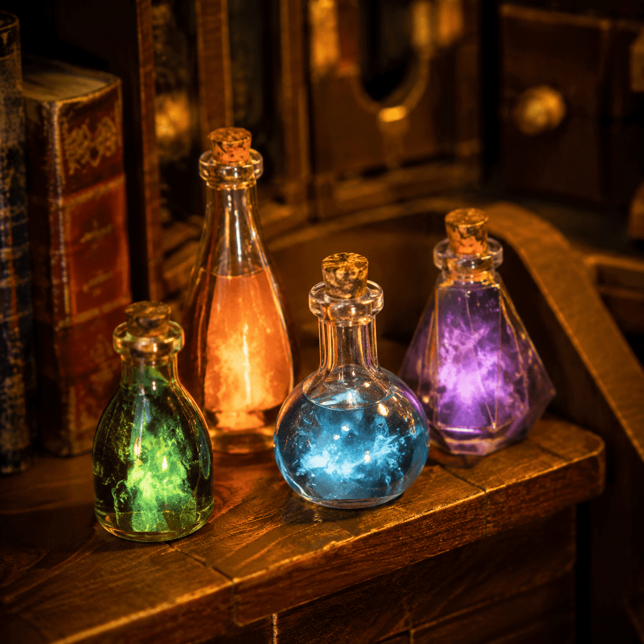 Alchemy Master Book Nook Miniatur mit leuchtenden Trankflaschen, Alchemie-Zubehör und fantasievollen Details