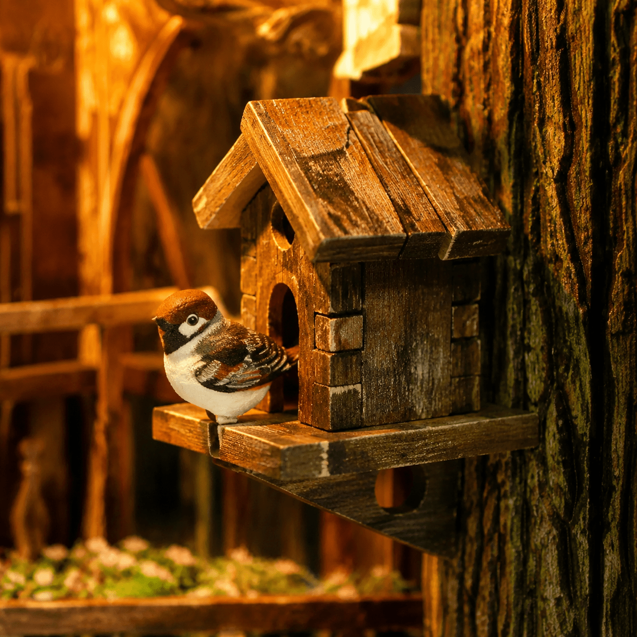 Bookshelf Cafe Book Nook Miniatur mit Baumhaus, Katze, Naturdetails und liebevoller Café-Szene