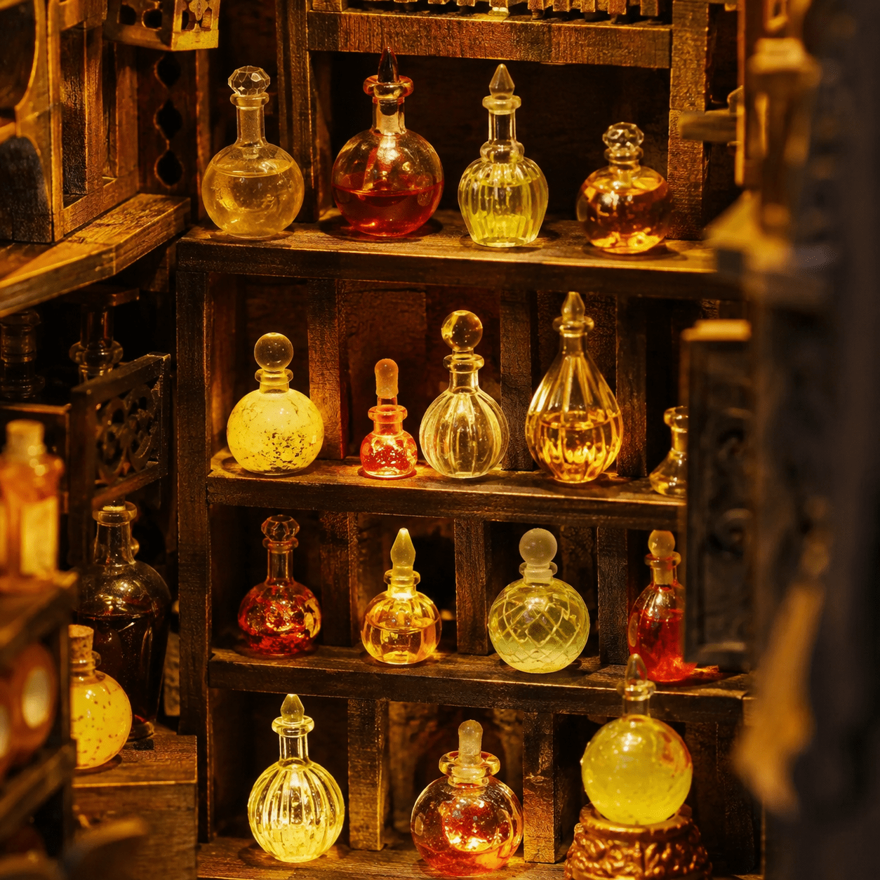 Magic Night Alley Book Nook Miniatur mit bunten Zaubertränken, Glasflaschen und detailreicher Magierwerkstatt