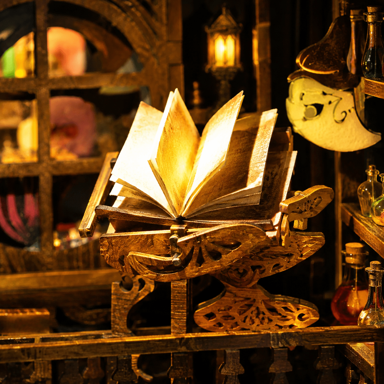 Magic Night Alley Book Nook Miniatur mit leuchtendem Zauberbuch, magischen Regalen und geheimnisvoller Atmosphäre