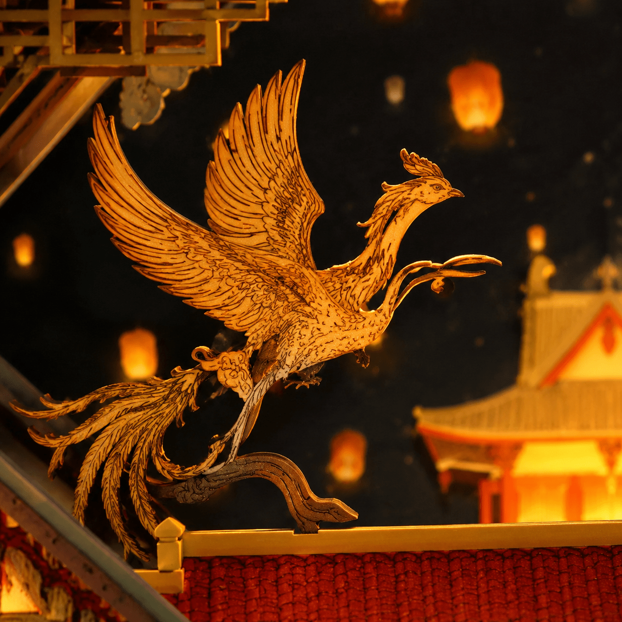 Tang Dynasty Book Nook Miniatur mit goldenem Phönix, kunstvollen Verzierungen und historischer chinesischer Atmosphäre