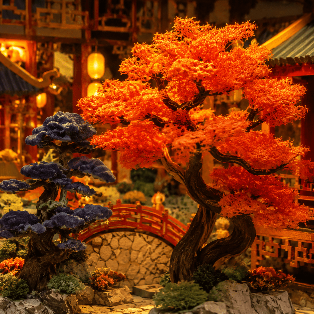 Tang Dynasty Book Nook Miniatur mit traditionellem Garten, roten Ahornbäumen, Brücke und chinesischer Architektur