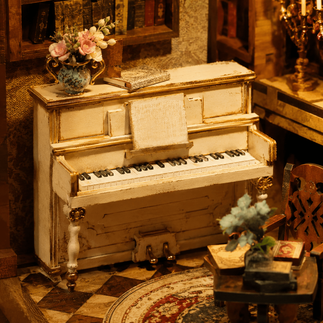 Grimm’s Fairy House Book Nook Miniatur mit klassischem Klavier, Blumen, Möbeln und gemütlichem Märcheninterieur