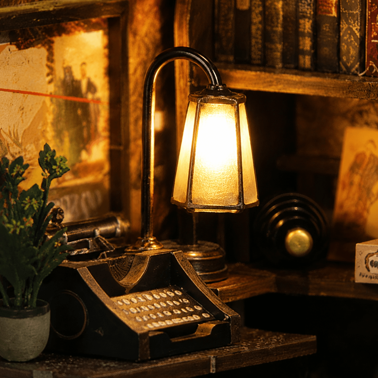 Detective Agency Book Nook Miniatur mit Schreibmaschine, Schreibtischlampe, Pflanzen und gemütlichem Detektivbüro