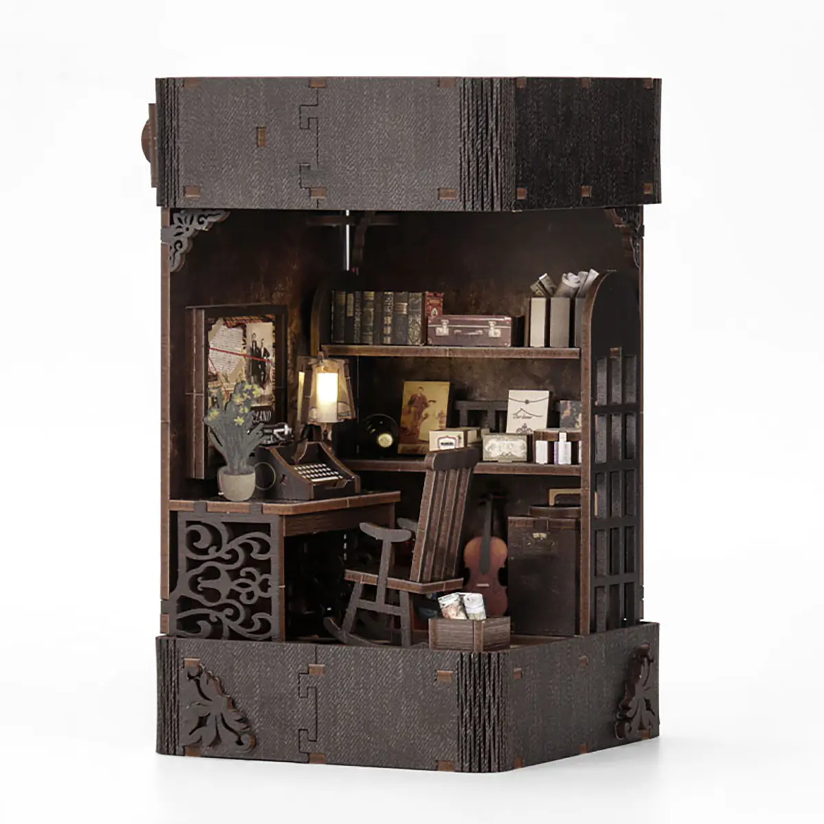 Detective Book Nook DIY Set mit altem Büro, Bücherregalen, Schreibmaschine und warmer LED Beleuchtung