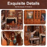 Detailansicht eines viktorianischen Book Nook mit Kamin, Klavier, Büchern und eleganter Miniatur Einrichtung
