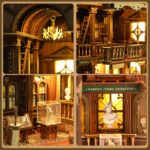 Detailaufnahme der Miniatur Bibliothek mit Bücherregalen, Kronleuchter und historischer Architektur