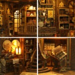 Detailaufnahme des Ancient Book Collection Room Book Nook mit kleinen Büchern, Möbeln und liebevollen Miniaturdetails