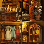 Detailaufnahme Royal Tailor Book Nook mit Kleidern, Nähzubehör und handgefertigten Miniaturen