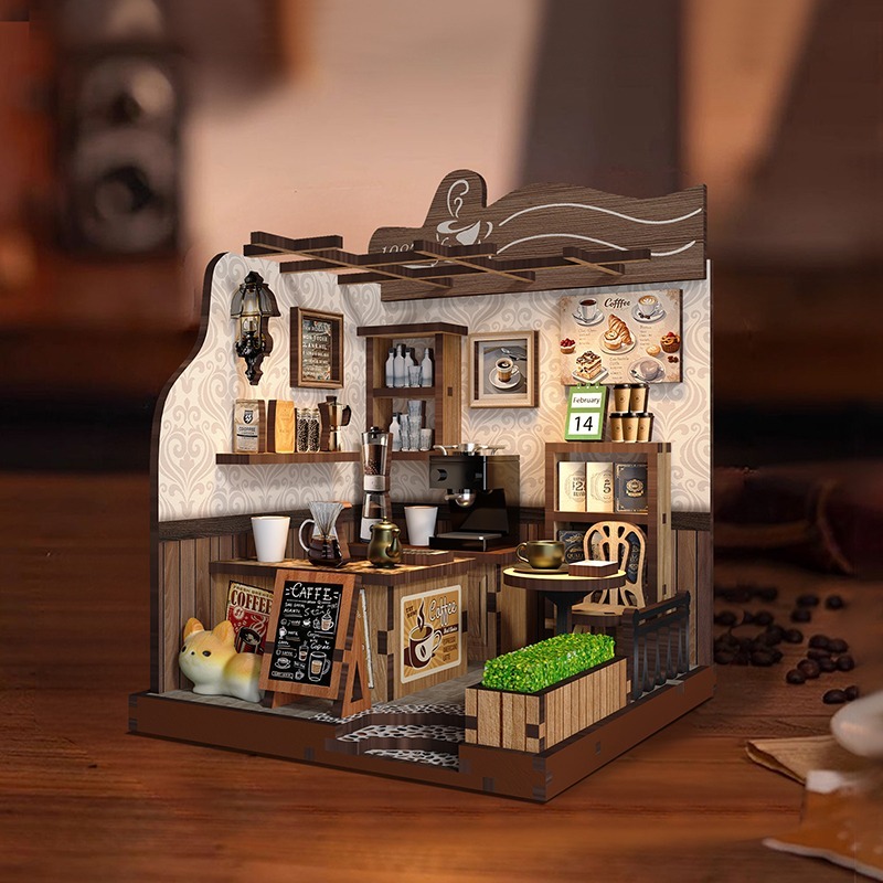 1987 Country Cafe Book Nook als fertige Miniatur-Café-Szene mit Barbereich, Kaffeemaschine, Sitzplatz und liebevollen Details.