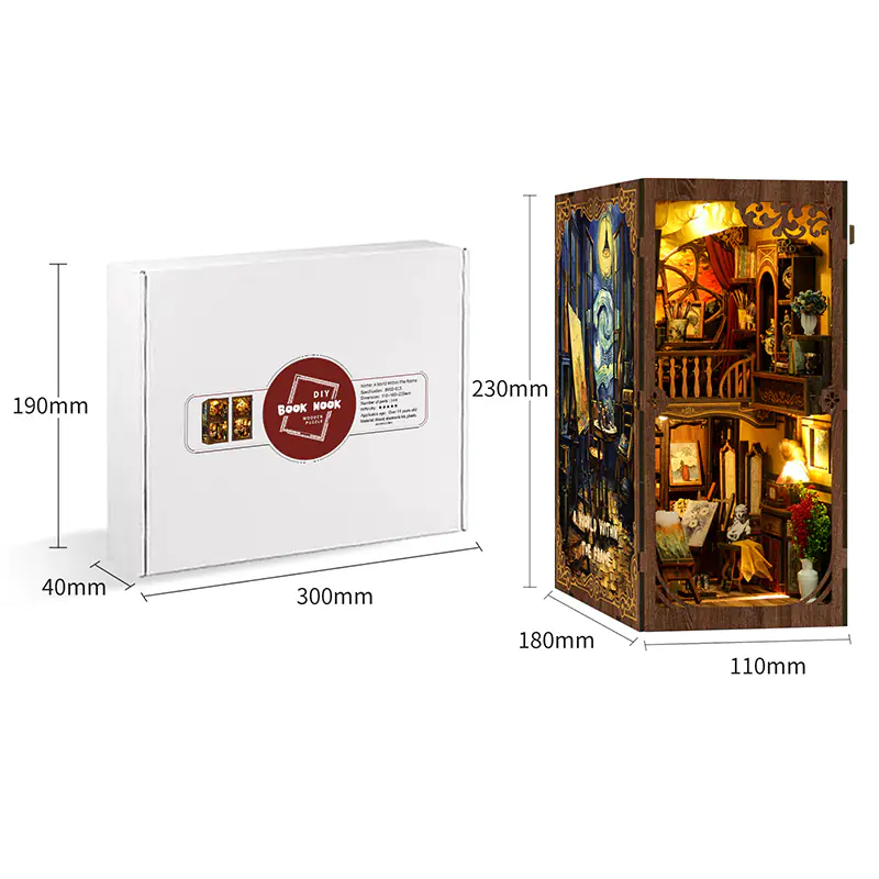 Art Gallery Book Nook DIY Set mit Miniatur-Galerie, LED-Beleuchtung, Holzrahmen und liebevollen Details für das Bücherregal.