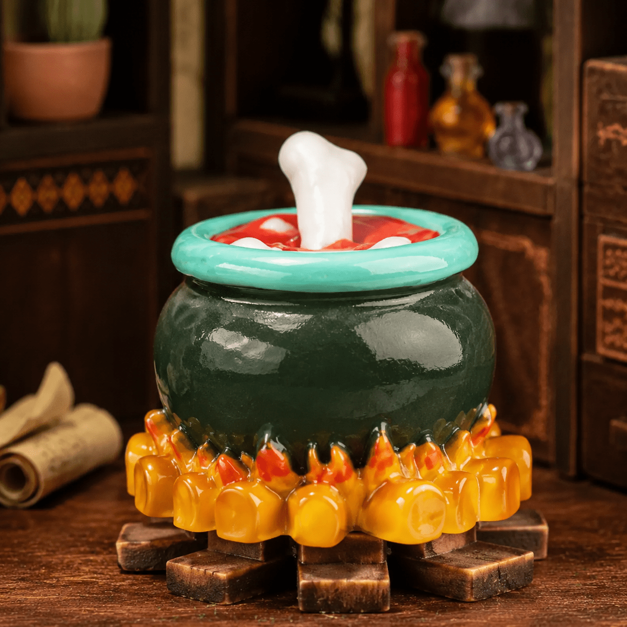 Magic Potion Book Nook Miniatur mit magischem Kessel, leuchtendem Trank und kleinen Fantasy-Details