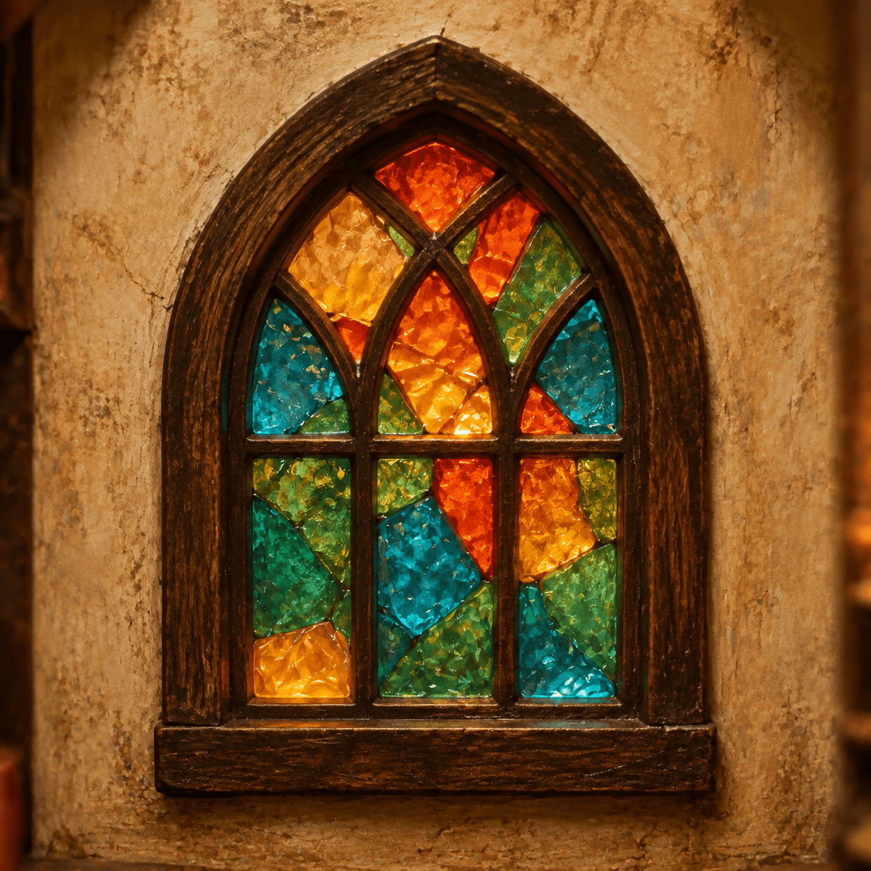 Magic Potion Book Nook Miniatur mit farbigem Buntglasfenster und warmer magischer Beleuchtung