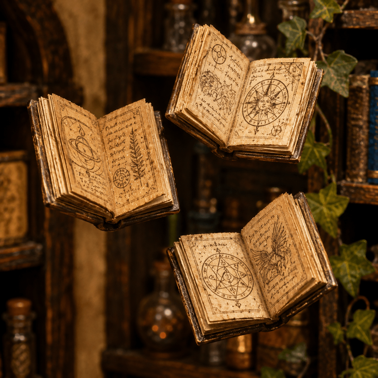 Magic Potion Book Nook Miniatur mit schwebenden Zauberbüchern und detailreicher magischer Bibliothek