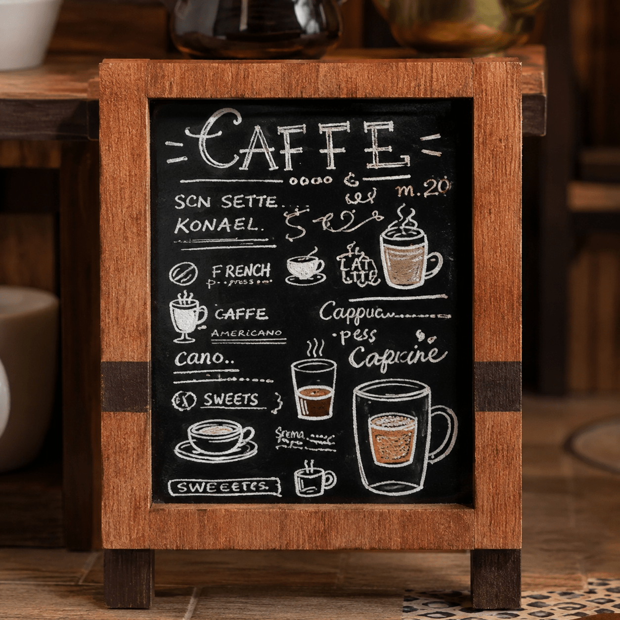 1987 Country Cafe Book Nook Miniatur mit Café-Kreidetafel, Kaffeezeichnungen und handgeschriebenem Menü