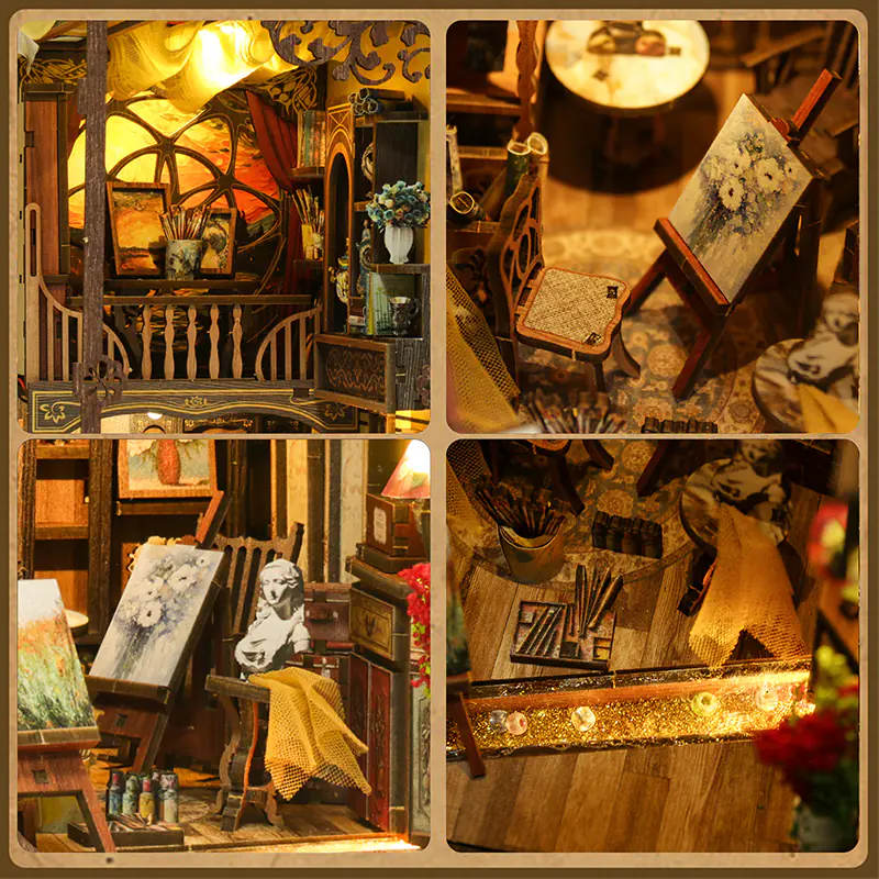 Art Gallery Book Nook DIY Miniatur mit Kunststudio, LED-Beleuchtung, Staffelei, Gemälden und liebevollen Details.