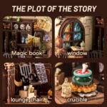 Magic Potion Book Nook Details mit Zauberbuch, Fenster, Stuhl und Miniaturkessel