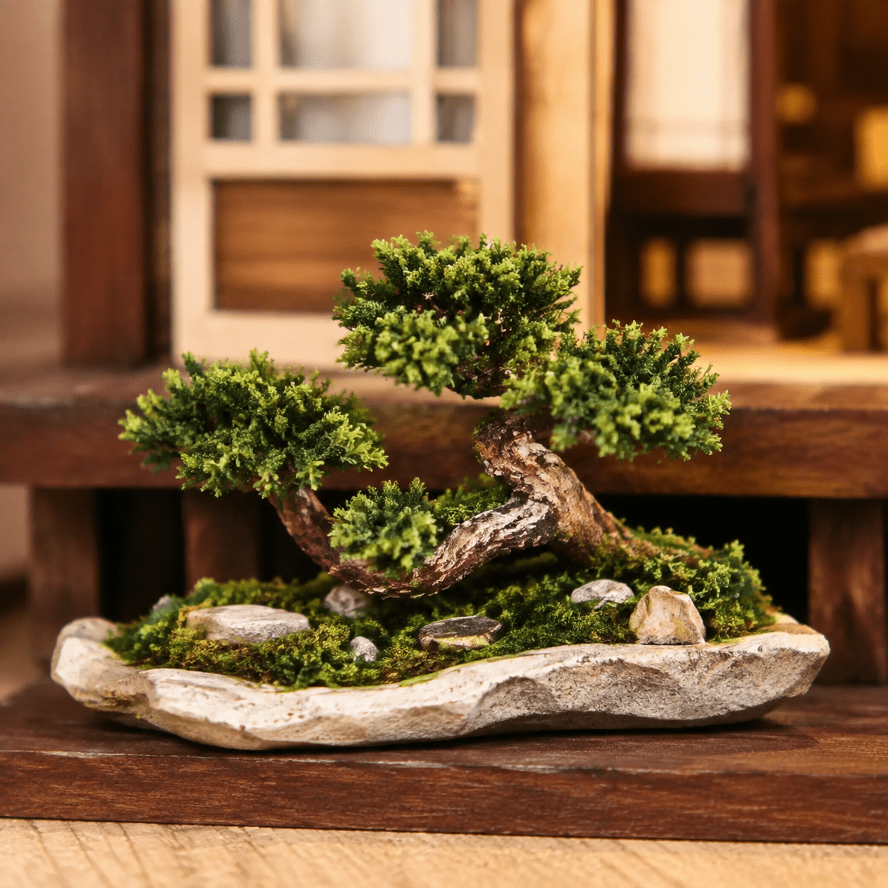 Japanese Zen Garden Book Nook Miniatur mit Bonsai-Baum, Steinen und ruhiger japanischer Gartenatmosphäre