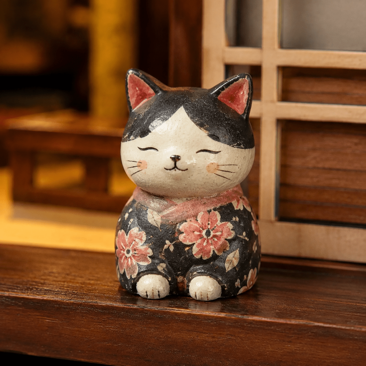 Japanese Zen Garden Book Nook Miniatur mit kleiner Katzenfigur im Kimono und traditionellem japanischem Innenraum