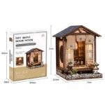 Japanischer Zen Garten Book Nook mit Verpackung, Größenangaben und fertigem Miniaturmodell