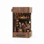 Magic Book Nook Seitenansicht mit Miniaturbibliothek, Zaubertisch und gemütlicher LED-Beleuchtung