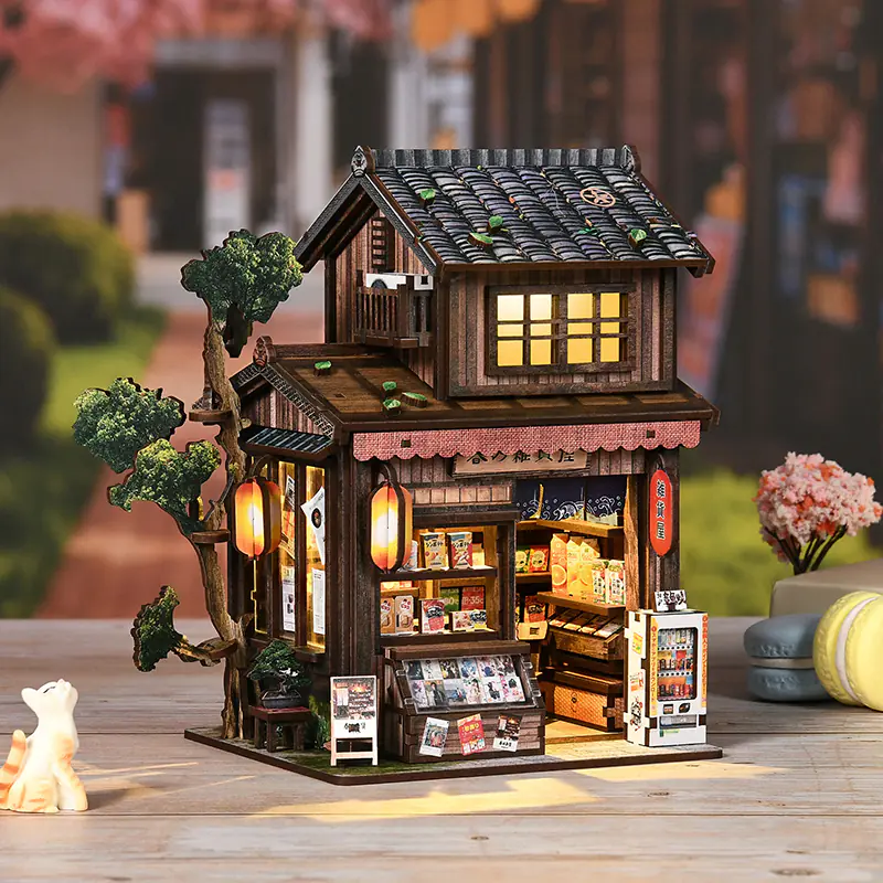 Spring Day Book Nook Miniatur eines japanischen Geschäfts mit warmer LED Beleuchtung, Ladenfront, Warenregalen und detaillierter DIY Szenen Gestaltung.