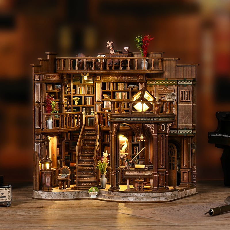 Dream Book Hall Book Nook als Miniaturbibliothek mit Bücherregalen, Treppen und warmer LED-Beleuchtung