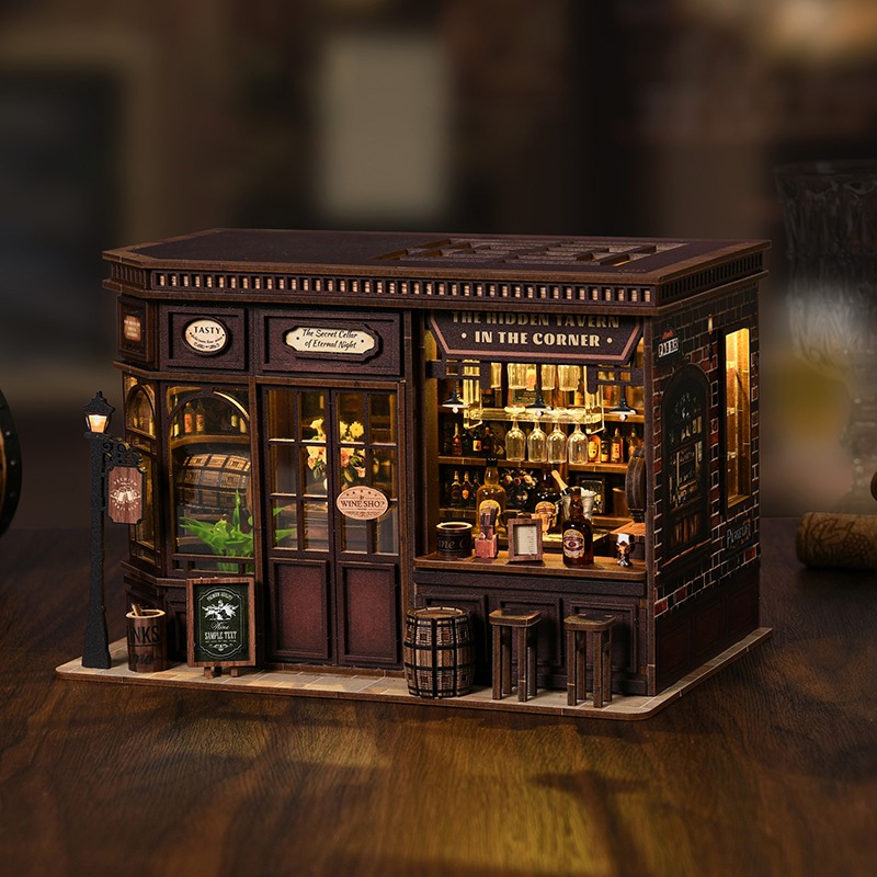 Corner Bistro Book Nook als Miniatur-Taverne mit Bar, Weindetails, warmer LED-Beleuchtung und gemütlicher Atmosphäre