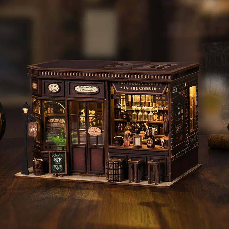 Corner Bistro Book Nook als Miniatur-Taverne mit Bar, Weindetails, warmer LED-Beleuchtung und gemütlicher Atmosphäre