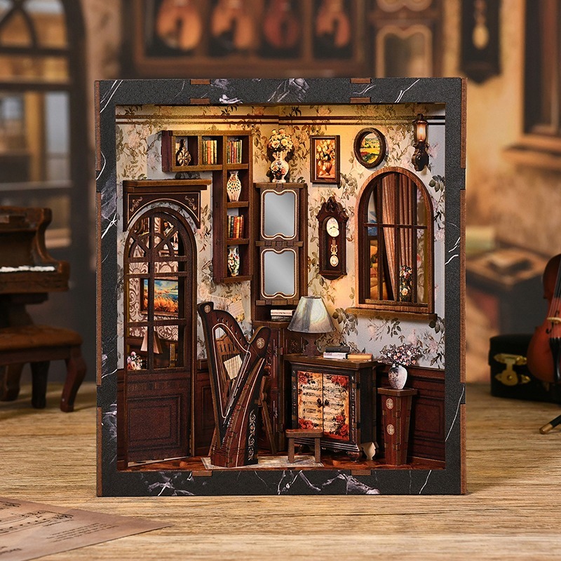 Vintage Music Book Nook mit Klavier, Musikzimmer und detailreicher Miniatur-Szene für das Bücherregal
