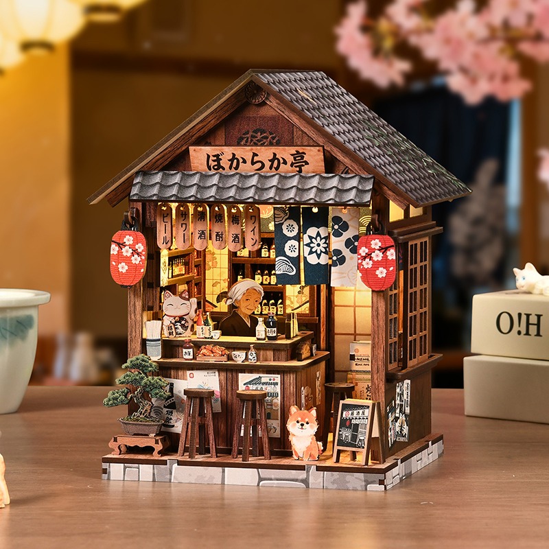 Japanisches Izakaya Book Nook DIY Miniatur mit Katzenmotiv und warmer Beleuchtung als gemütliche Tischdekoration