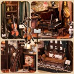 Music Book Nook Detailansicht mit Geige, Klavier, Noten und nostalgischer Miniatur-Einrichtung