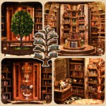 Tree Book Nook Detailansicht mit Lebensbaum, Bücherregalen und kunstvoller Miniaturbibliothek