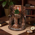 Tree Book Nook von oben mit runder Bibliothek, Baumdesign und detaillierter Miniaturwelt