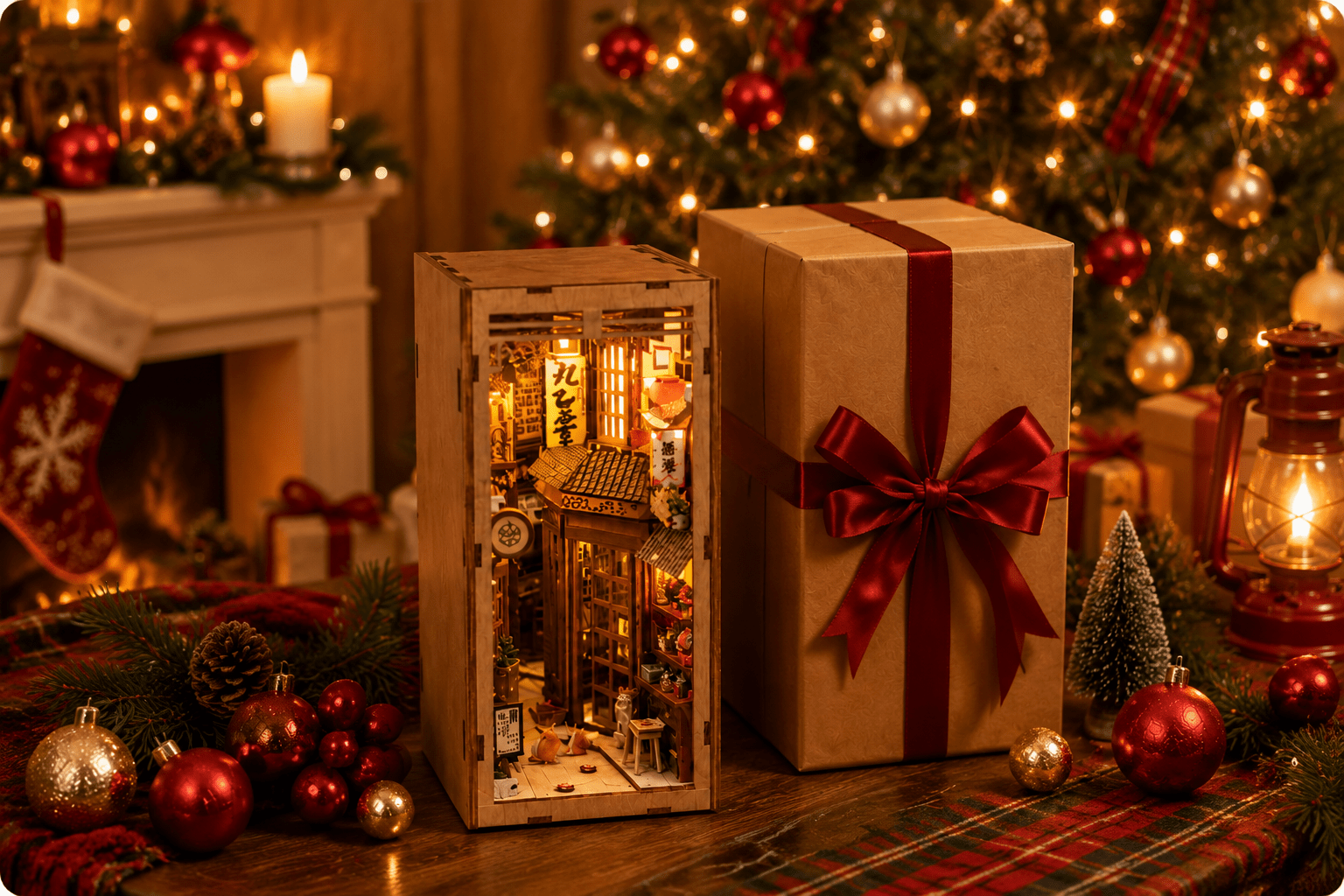 Japanische Katzen-Gasse Book Nook Miniatur als Weihnachtsgeschenk mit Geschenkbox, warmem LED-Licht, festlicher Dekoration und gemütlicher Atmosphäre.