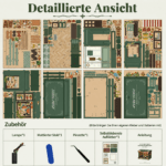 Aura Verde Flower Room Book Nook DIY kit accessories and assembly parts including wooden pieces, stickers, LED lamp, frosted rod, tweezers, and instruction manual.