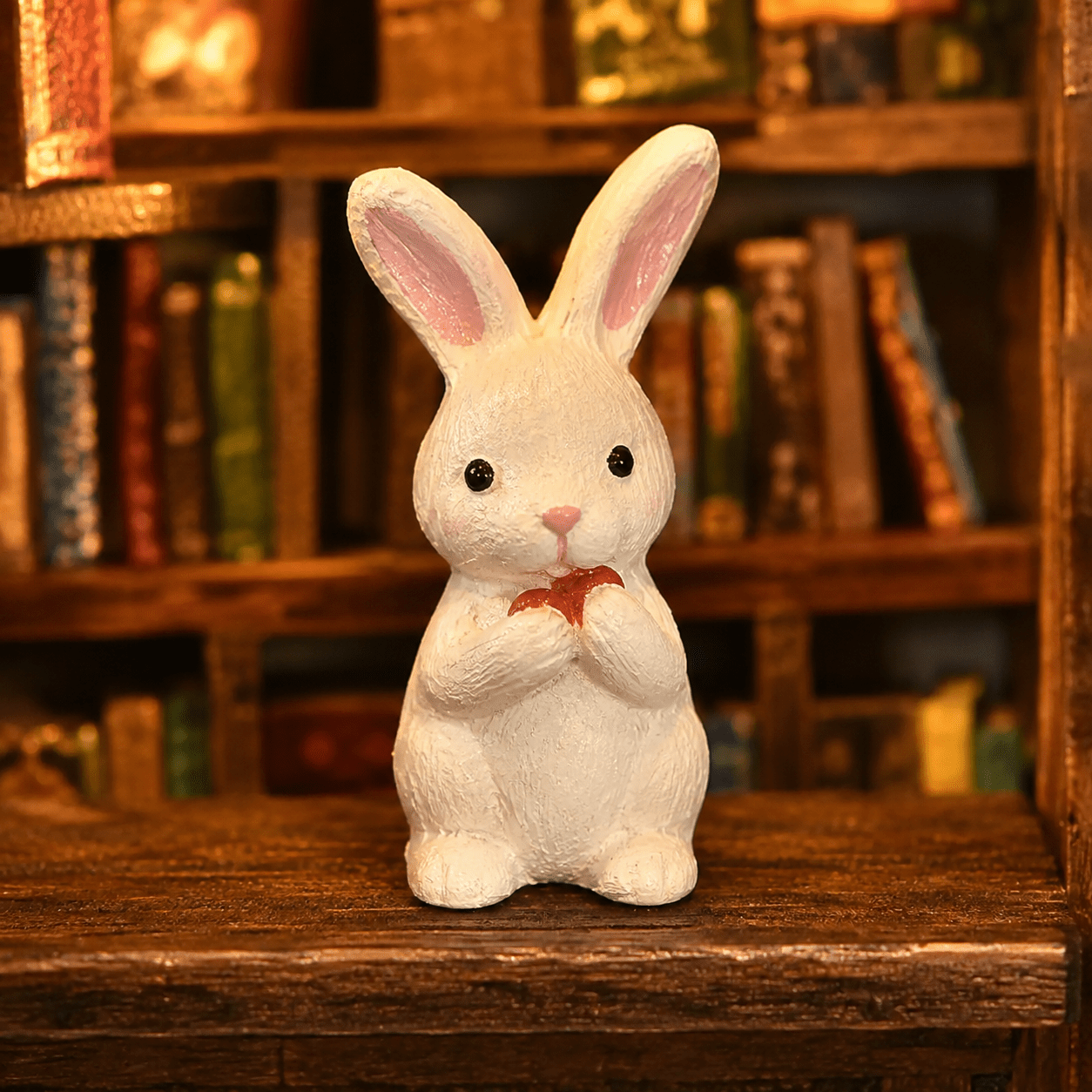 Forest Tea House Book Nook Miniatur mit weißer Kaninchenfigur vor Bücherregalen und warmer Beleuchtung