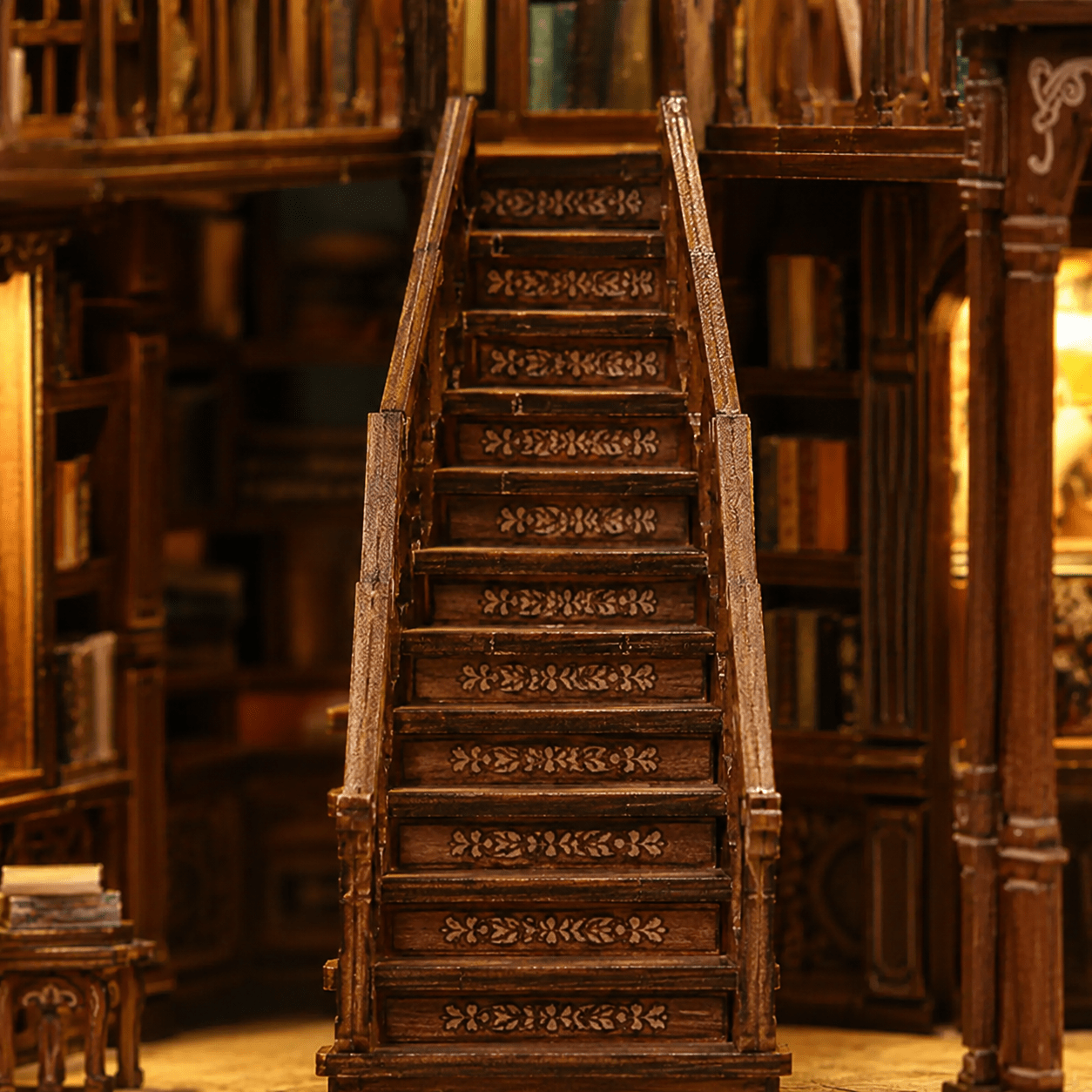 Japanese Bookstore Book Nook Miniatur mit hoher Holztreppe, Bücherregalen und mehrstöckiger Buchladen-Szene