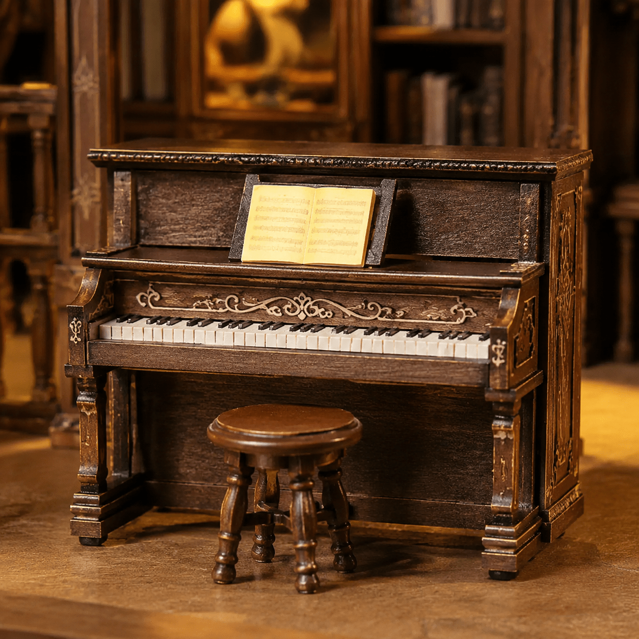 Japanese Bookstore Book Nook Miniatur mit klassischem Klavier, Hocker und detailreicher Bibliothekskulisse