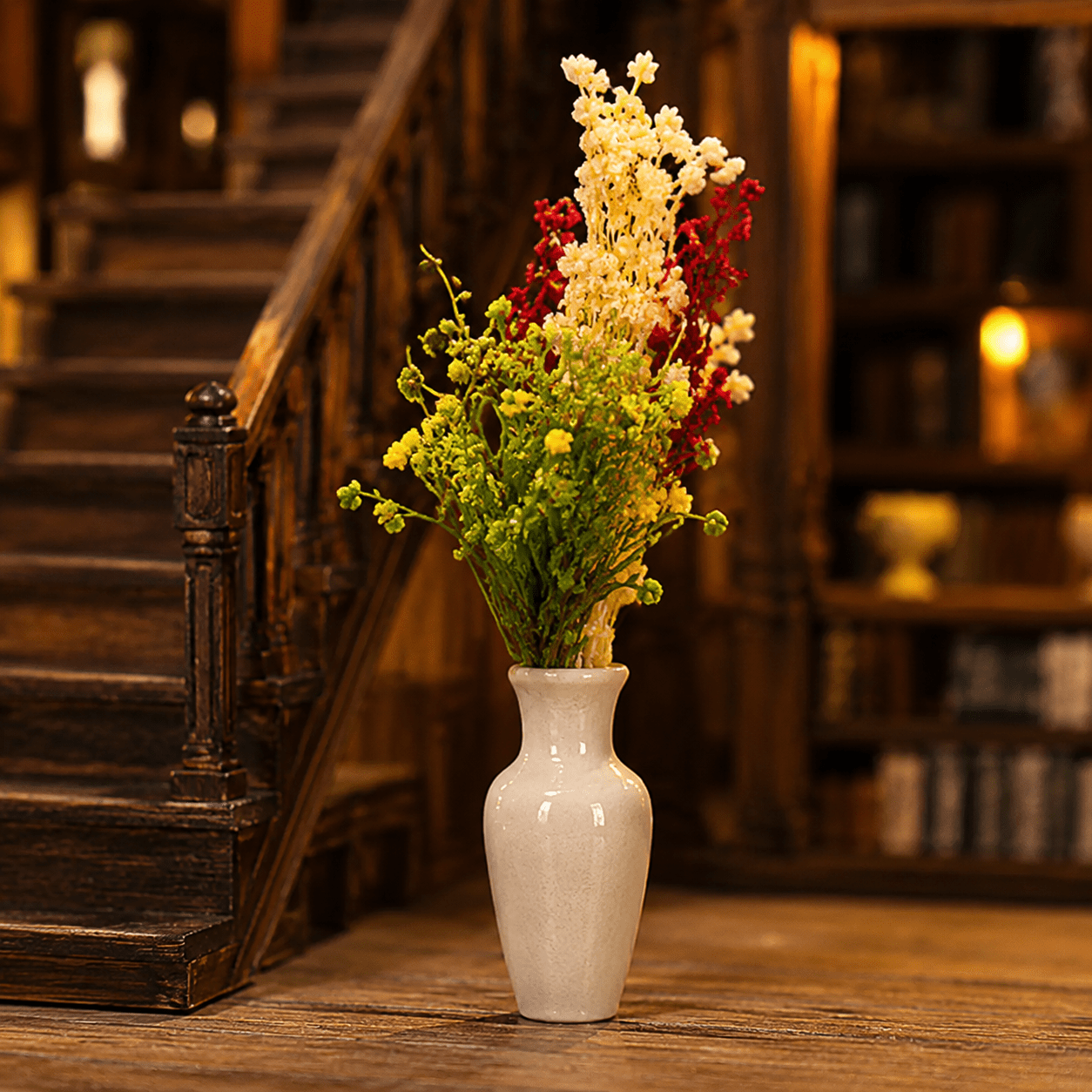 Japanese Bookstore Book Nook Miniatur mit weißer Blumenvase, bunten Blumen und warmer Buchladen-Atmosphäre