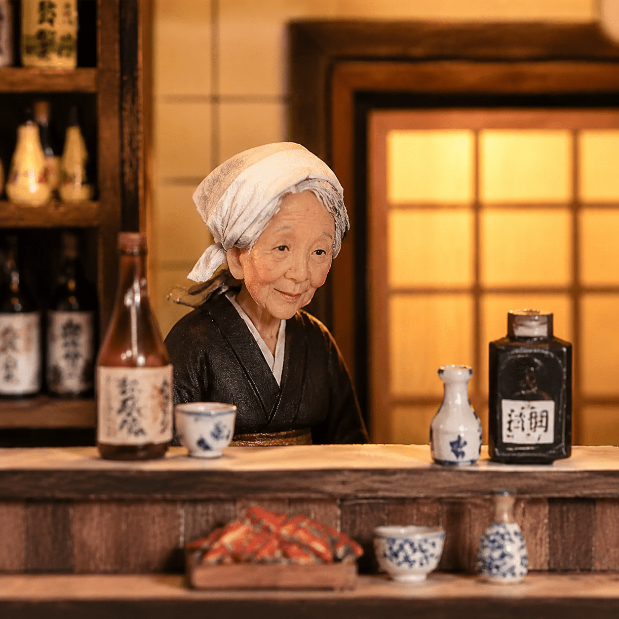Japanese Bar Book Nook Miniatur mit älterer Frau hinter der Bar, Sake-Flaschen und traditioneller japanischer Einrichtung