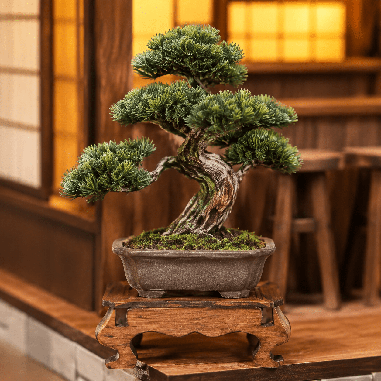 Japanese Bar Book Nook Miniatur mit Bonsai-Baum, Holzterrasse und warmer japanischer Bar-Atmosphäre