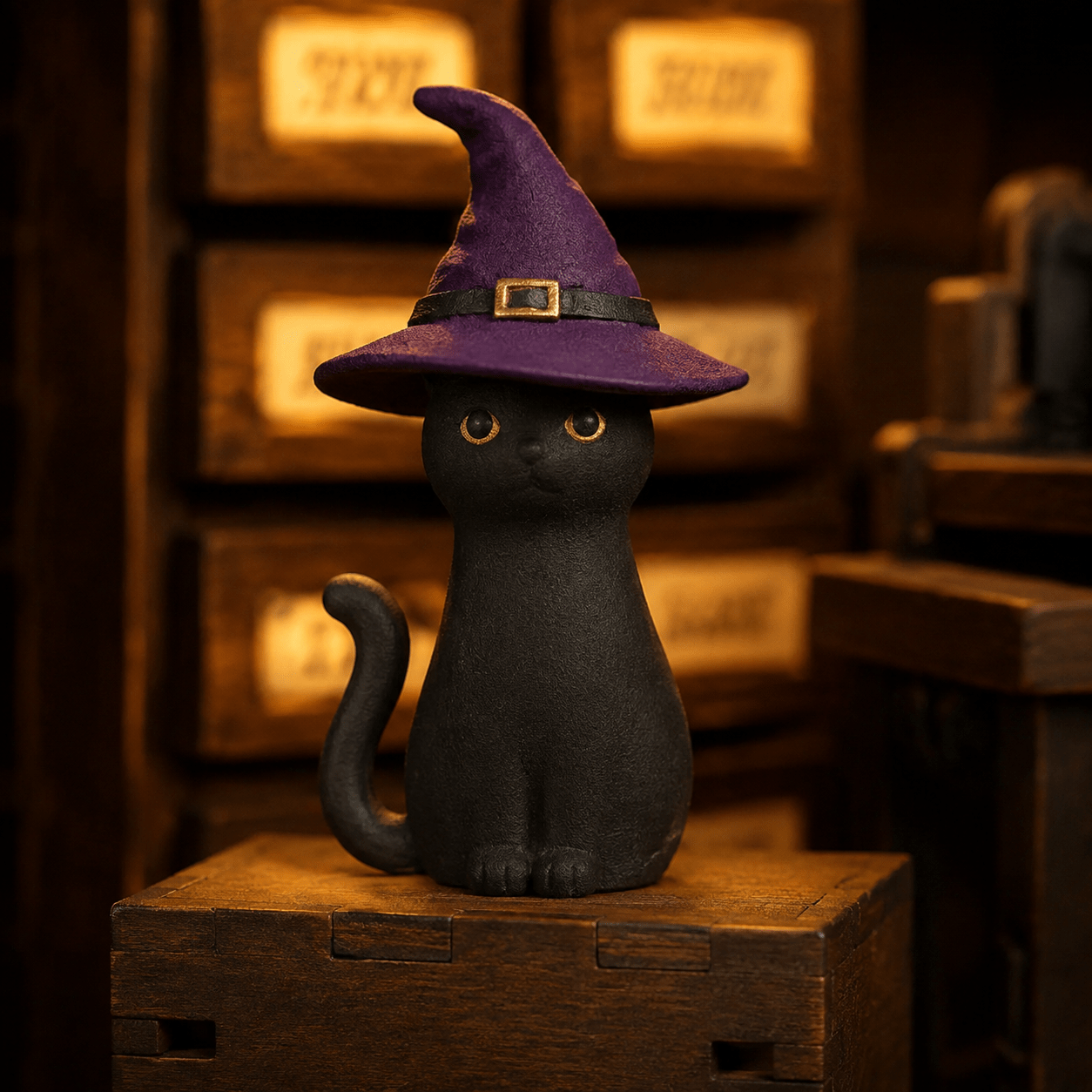 Magic House Book Nook Miniatur mit schwarzer Katzenfigur, violettem Zauberhut und geheimnisvoller Fantasy-Atmosphäre