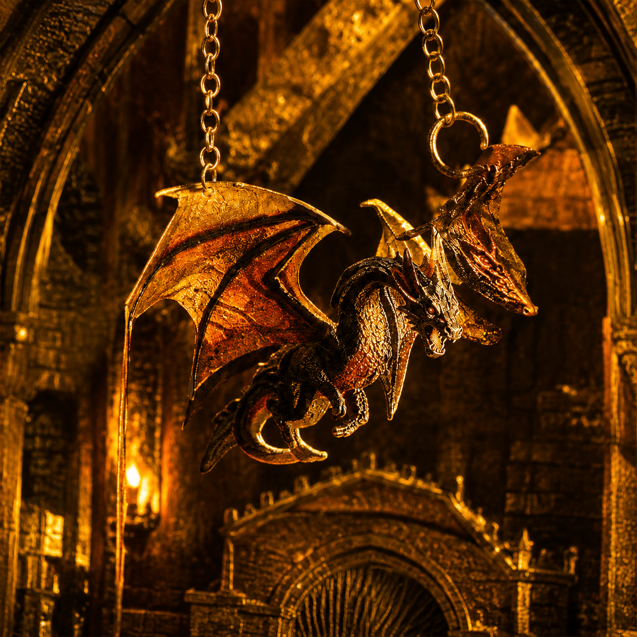 Dragon Secret Book Nook Miniatur mit hängender Drachenfigur, dunkler Burghalle und warmer Fantasy-Beleuchtung