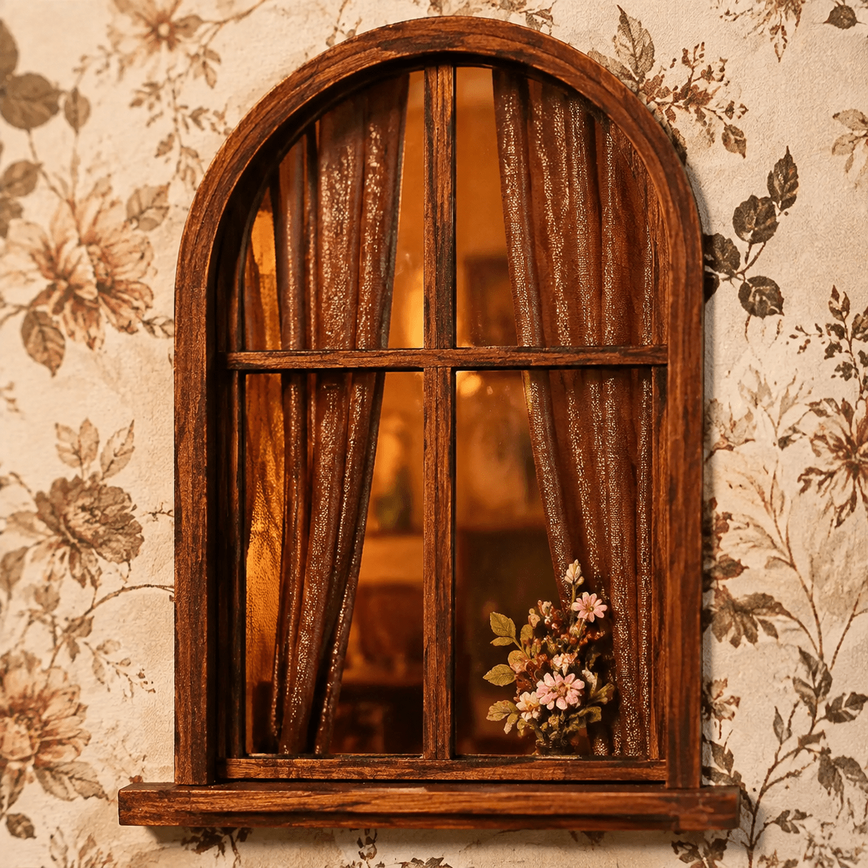 European Music Room Book Nook Miniatur mit gewölbtem Holzfenster, floraler Wandgestaltung und warmem Innenraumlicht