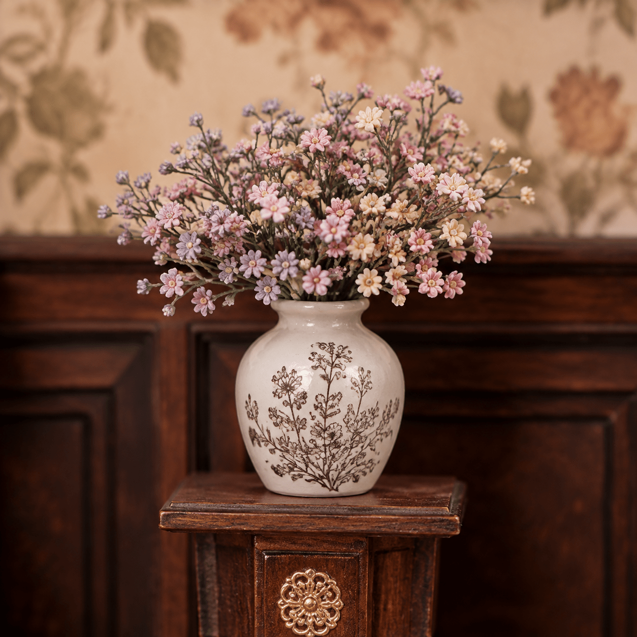 European Music Room Book Nook Miniatur mit dekorativer Blumenvase, kleinen Blüten und klassischer Innenraumgestaltung